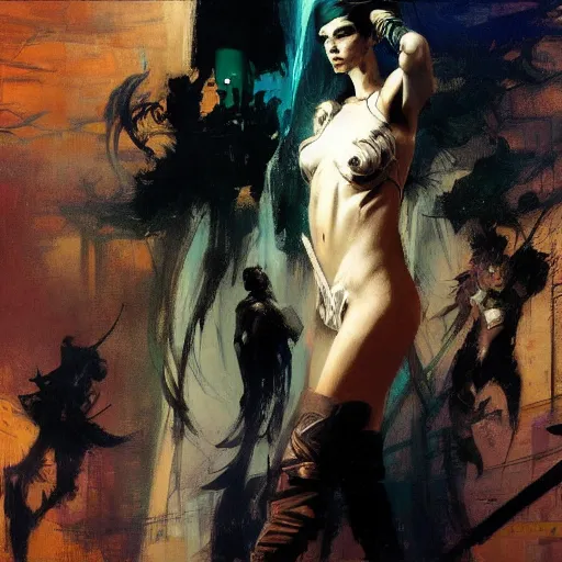 Image similar to cyberpunk, intricate, elegant, highly detailed, greg manchess, mucha, liepke, ruan jia, jeffrey catherine jones, ridley scott