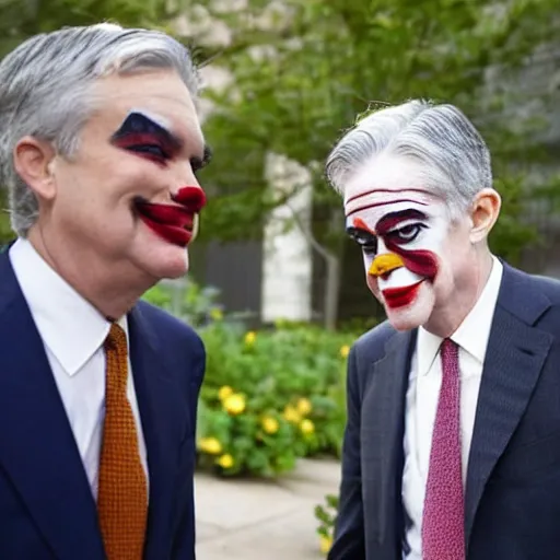 Image similar to Jerome Powell with colorful clown makeup all over his face whiteface, walking outside in a garden