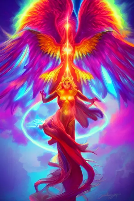 Prompt: rainbow colorful magic phoenix goddess, trending on artstation, cgsociety, artgerm, visually stunning, beautiful lighting, sunrise