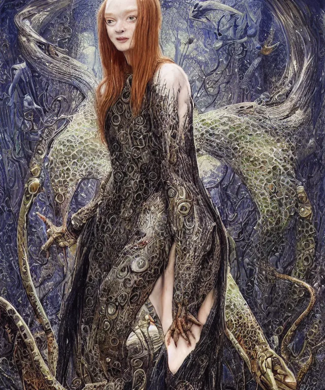 Prompt: a portrait photograph of a hooded sadie sink as a strong alien harpy queen with amphibian skin. she is dressed in a black lace shiny metal slimy organic membrane catsuit and transforming into a insectoid snake bird. by donato giancola, walton ford, ernst haeckel, peter mohrbacher, hr giger. 8 k, cgsociety, fashion editorial