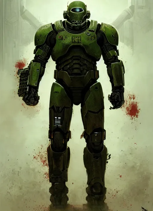 Image similar to henry cavill as doomguy, full body concept, cyborg, borg, strogg, face of a man, terminator, flesh, quake strogg, doom demon, wolfenstein, monstrous, powerful, symmetry, symmetrical, concept art by ruan jia and greg rutkowski