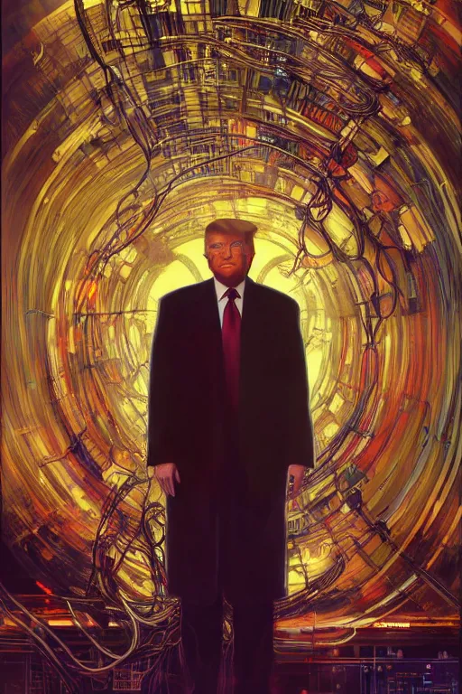 Image similar to hyperrealist cyberpunk portrait of donald j trump, it is decorated with long computer wires and computer monitors in the cyberpunk office background. by jeremy mann and alphonse mucha, fantasy art, photo realistic, dynamic lighting, artstation, poster, volumetric lighting, very detailed faces, 4 k, award winning