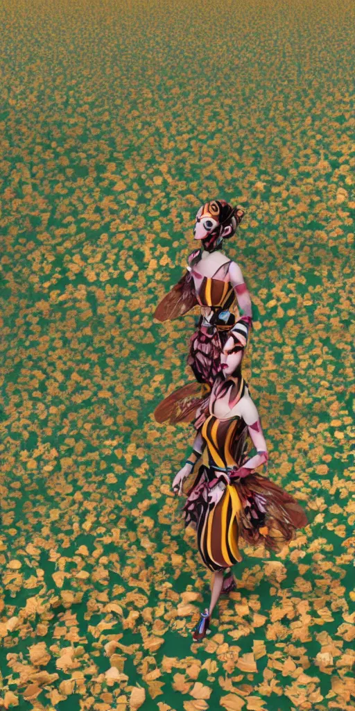 Image similar to an anthromorphic beautiful bee woman wearing striped couture made out of wax and paper and flower petals, running in a papercraft field of flowers, trending on Art Station, 3D, octane render,