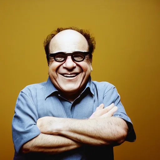 Prompt: Danny Devito smiling, photoshoot, 30mm, Taken with a Pentax1000, studio lighting