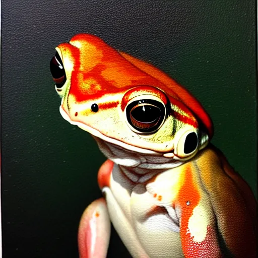 Image similar to a head and shoulders portrait painting of an anthropomorphic!!!!!!!!!! amazon milk frog!!!!!!!!!! wearing a colonial!!!!!!!!!! outfit without a hat looking off camera, a character portrait, romanticism, oil on canvas, visible brushstrokes, intense colors