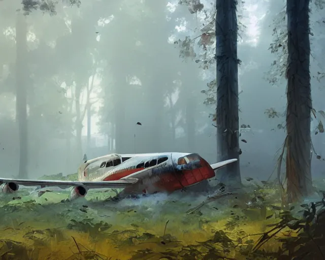 Prompt: a crashed airplane in a forest, smoke, smog, cloudy air, and fire. Forest swamp. Atmospheric lighting By Makoto Shinkai, Stanley Artgerm Lau, WLOP, Rossdraws, James Jean, Andrei Riabovitchev, Marc Simonetti, krenz cushart, Sakimichan, trending on ArtStation, digital art.