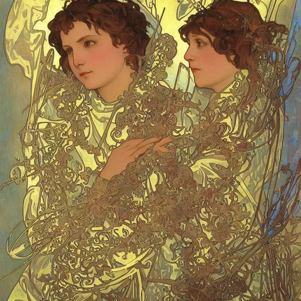 Image similar to realistic detailed face portrait of Joan of Arc wearing iridescent armor by Alphonse Mucha, art nouveau