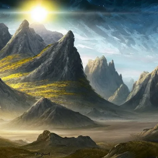 Prompt: The Sci-Fi stone landscape with mountains in the background, fantasy wallpaper, painted, 4k, high detail, sharp focus