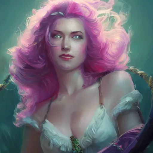 Prompt: portrait painting of a 3 2 years old woman joyful flirtatious pirate long hair soft hair flowing hair upper body coat elegant charming pretty ons pirate ship unreal render cinematic lighting art 1 9 2 0 period drama by bussiere rutkowski andreas rocha, colors pink purple green blue