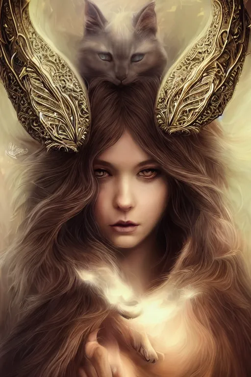 Prompt: majestic and regal portrait of a beautiful young cat girl!!, cat ears, tail, intricate, epic, elegant, menacing, fantasy, highly detailed, digital painting, hard focus, beautiful volumetric lighting, epic light, ultra detailed, souls, smoke, by leesha hannigan, ross tran, thierry doizon, kai carpenter, ignacio fernandez rios