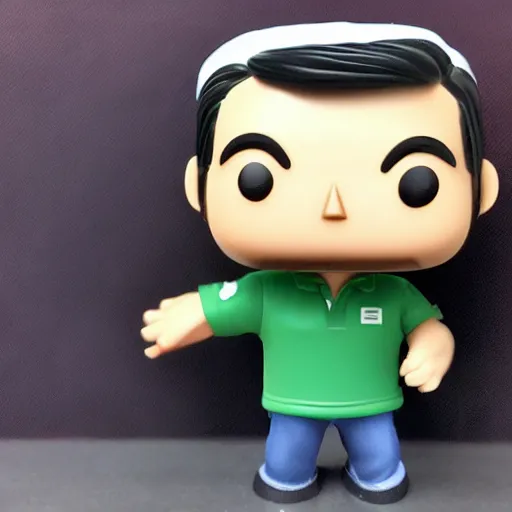 Image similar to a 30 year old skinny Peruvian programmer guy, clean shaven face, with thick straight brush up black hair on top, short on sides, in a dark green polo shirt, blue jeans and grey sneakers funko pop close up highly detailed photo