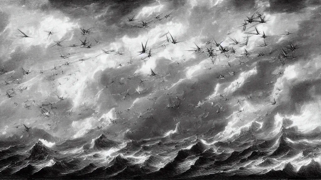 Image similar to drawing of seven ornithopters flying above a stormy ocean, by gustave dore, nineteenth century, black and white, vintage, science fiction, epic composition, dramatic lighting, highly detailed, cinematic