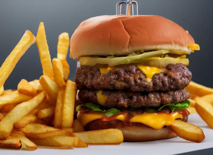 Image similar to dslr food photograph of a double cheeseburger and fries, 8 5 mm f 1. 8