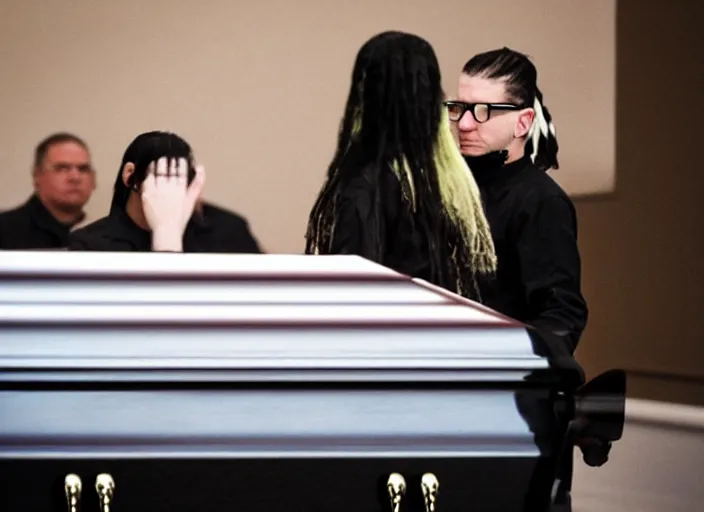 Prompt: Photo of Skrillex at a funeral performing on a coffin