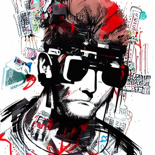 Prompt: Graphic Illustration, Creative Design, hair style undercut man, techwear, Cyberpunk, Full Body Portrait, Character Design, graffiti, by Ashley Wood and Jamie Hewlett