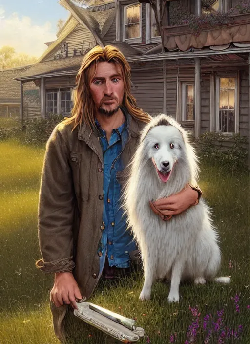 Image similar to highly detailed portrait of a blonde long - haired hillbilly in front of old style house, with his fluffy light gray australian shepherd, stephen bliss, art by greg rutkowski, loish, rhads, ferdinand knab, makoto shinkai and lois van baarle, artgerm, pixar, ilya kuvshinov, rossdraws, tom bagshaw, global illumination