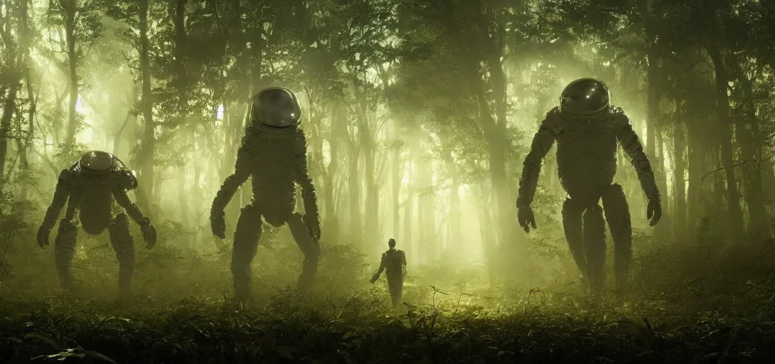 Prompt: an astronaut visiting a complex organic fractal 3 d metallic symbiotic ceramic humanoid megastructure creature in a swampy lush forest, foggy, sun rays, cinematic shot, photo still from movie by denis villeneuve, wayne barlowe