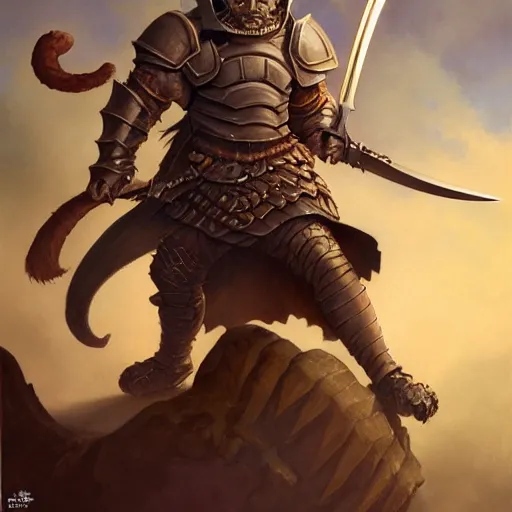 Image similar to ( ( ( full length portrait of a dark tabby tabaxi paladin, halberd, plate armor ) ) ), d & d, tyler jacobson, greg rutkowski, frank frazetta, alexandre chaudret, boris vallejo, michael whelan, miro petrov, magali villeneuve, donato giancola