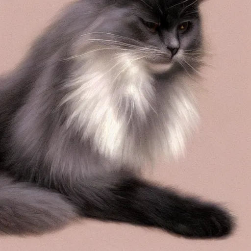 Prompt: a big indifferent looking dark grey cat with white belly, white paws and white face markings with long fur and fluffy tail sitting, intricate, elegant, highly detailed, digital painting, artstation, concept art, matte, sharp focus, illustration, art by Artgerm and Greg Rutkowski and Alphonse Mucha