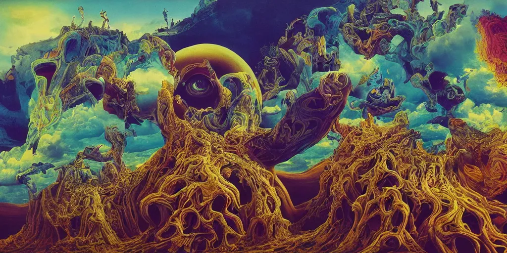 Prompt: ultrawide angle colour masterpiece surreal closeup portrait photography of surrealism by annie leibovitz and michael cheval, double exposure, weird surreal epic psychedelic complex biomorphic 3 d fractal landscape in background by kilian eng and roger dean and giger and salvador dali and beksinski, 8 k