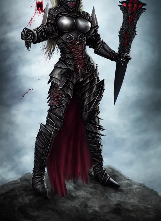 Image similar to female vampire warrior, full body portrait, sharp teeth, grinning, muscular, flying, barefoot, no shoes, exposed feet, black full plate armor, historical armor, realistic armor, covered chest, metal mask, giant two - handed sword dripping blood, realistic, dungeons and dragons.