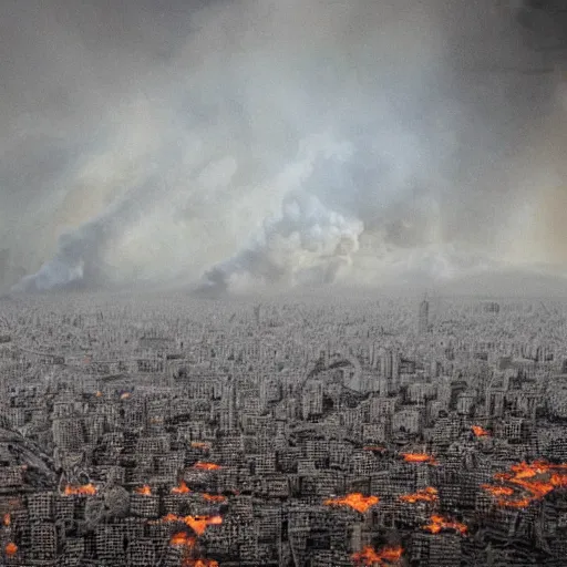 Image similar to realistic photograph of tehran in apocalyptic flames