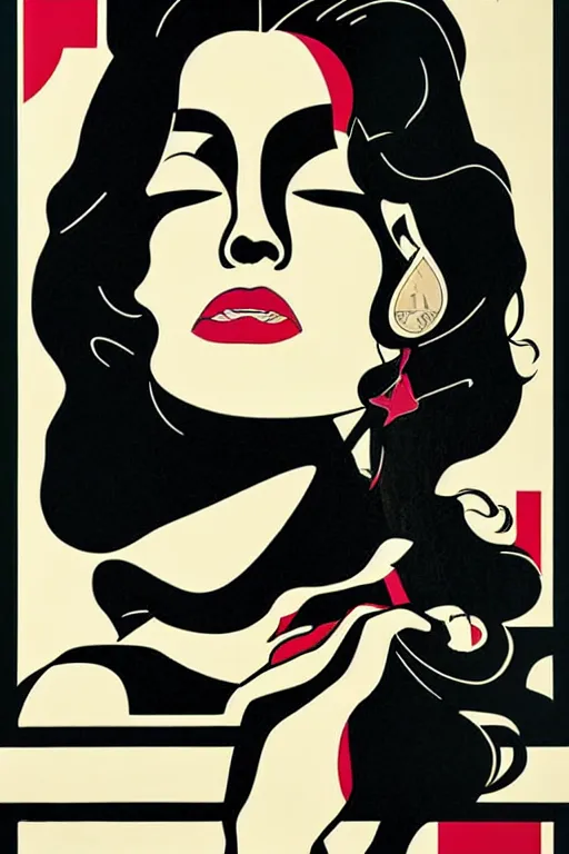 Image similar to Shepard Fairey Patrick Nagel poster of a Famous Actress posed in profile, she has beautiful bone structure and long hair. Eyes closed. highly detailed.