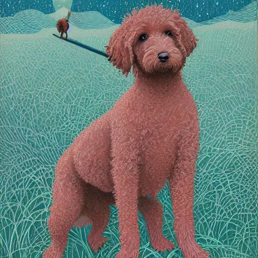 Prompt: labradoodle pup on the prowl oil painting victo ngai