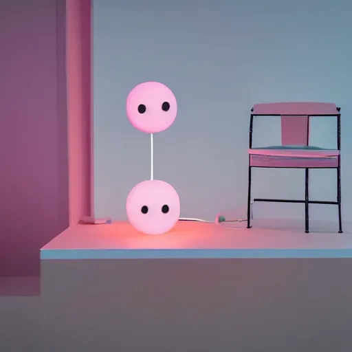 Image similar to An ultra high definition, professional photograph of an outdoor partial IKEA showroom inspired sculpture with a emoji smiley face white dot matrix light sign located on a pastel pink beach ((with pastel pink, dimpled sand where every item is pastel pink. )) The sun can be seen rising through a window in the showroom. The showroom unit is outdoors and the floor is made of dimpled sand. The showroom unit takes up 20% of the frame and is surrounded by barren beach environment. A square dot matrix sign displays an emoji somewhere in the scene. Morning time indirect lighting with on location production lighting on the showroom. In the style of wallpaper magazine, Wes Anderson.