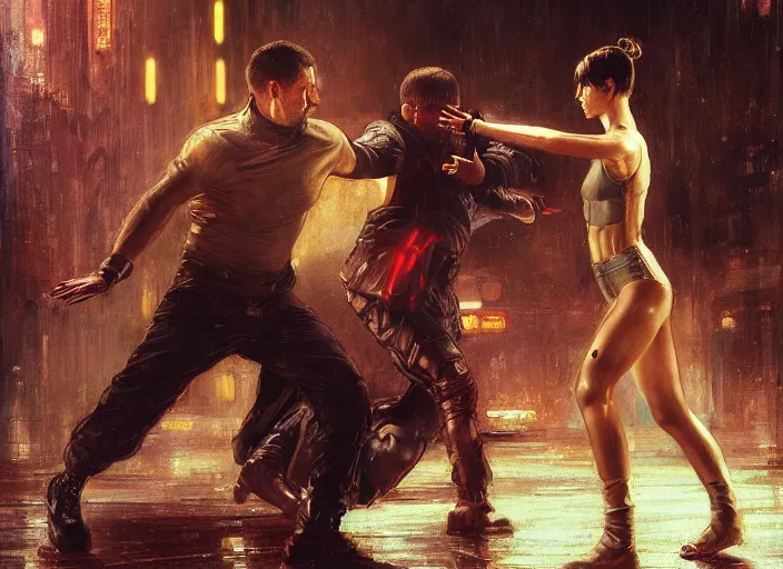 Image similar to blade runner fighting android ( blade runner 2 0 4 9, cyberpunk 2 0 7 7 character design ). orientalist portrait by john william waterhouse and james gurney and theodore ralli and nasreddine dinet, oil on canvas. cinematic, hyper realism, realistic proportions, dramatic lighting, high detail 4 k