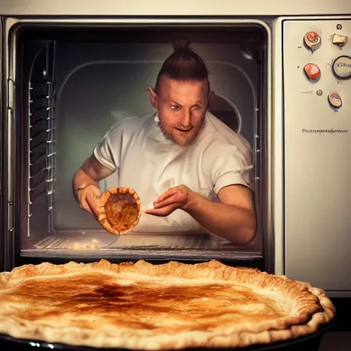 Image similar to a physical therapist baking a pie in the oven, volumetric lighting, 8 k octane beautifully detailed render, post - processing, extremely hyper - detailed, intricate, epic composition, cinematic lighting, masterpiece, trending on artstation, detailed detailed detailed, masterpiece, stunning art by anders zorn, wonderful masterpiece by greg rutkowski, beautiful cinematic light,