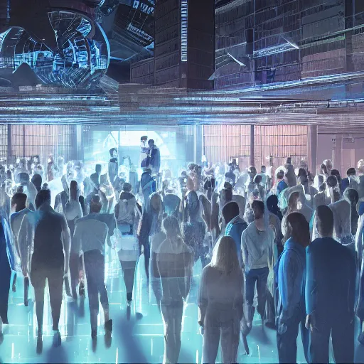 Prompt: large group people in a huge warehouse, gathered around a hologram of futuristic city on a table | cinematic concept art | godrays | 4 k | clear details | tabletop | tabletop | hologram foreground