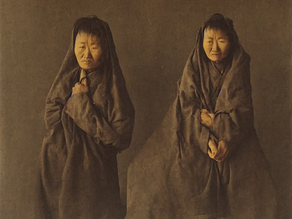 Image similar to portrait of a sad Mongolian street woman. Painting by Jan van Eyck, August Sander.