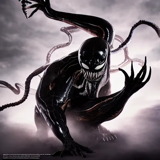 Image similar to full body pose, hyperrealistic photograph of venom, dim volumetric lighting, 8 k, octane beautifully detailed render, extremely hyper detailed, intricate, epic composition, cinematic lighting, masterpiece, trending on artstation, very very detailed, stunning, hdr, smooth, sharp focus, high resolution, award, winning photo, dslr, 5 0 mm