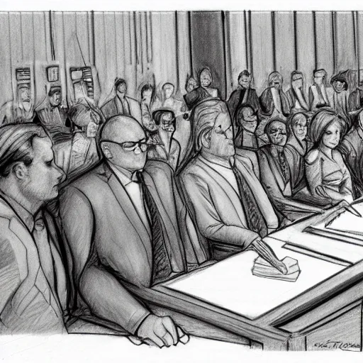 Prompt: hulk at the witness stand in court. pencil court sketch. intricate. highly professionally detailed.