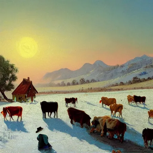 Image similar to an extremely detailed matte painting of a rancher feeding the animals at sunrise, tall rancher wearing a cowboy hat, dogs, cows, sheep, chickens, ducks, 4 k, ranch the morning after a light snowfall, by bob ross and norman rockwell