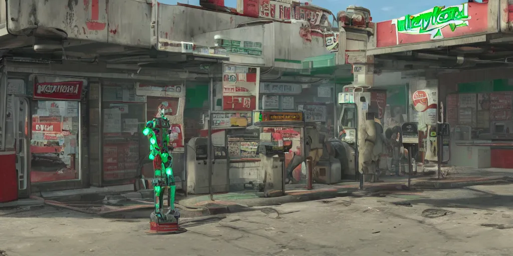 Image similar to Fallout-style robotic buying gaterade at 7Eleven | Trending on ArtStation, Fallout | Hyperrealistic CGI Photorealistic Cyberpunk Post Nuclear City