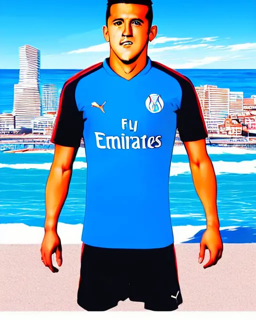 Prompt: portrait Anime Alexis Sanchez; white football shirt, Marseille beach in background || anime, manga cute-fine-face, pretty face, realistic shaded Perfect face, fine details. Anime. realistic shaded lighting by Katsuhiro Otomo and Artgem