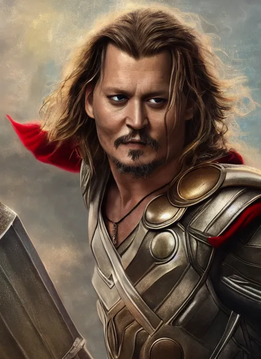 Image similar to johnny depp as thor wielding mjolnir, naturel, hyper detailed, digital art, trending in artstation, cinematic lighting, studio quality, smooth render, unreal engine 5 rendered, octane rendered, art style by klimt and nixeu and ian sprigger and wlop and krenz cushart