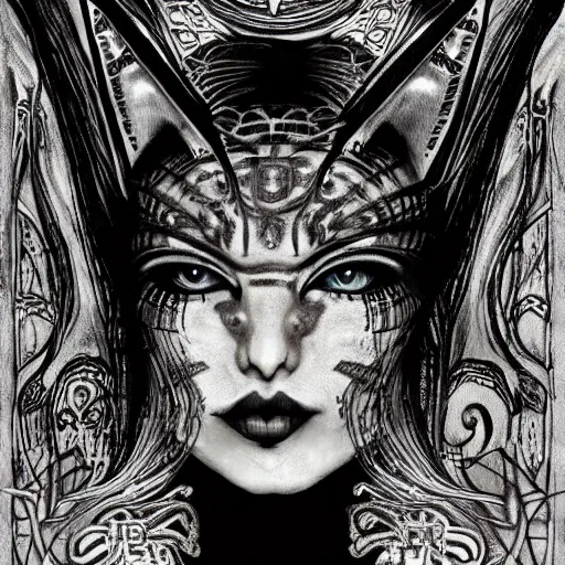 Image similar to portrait of a beautiful woman, gothic, cat eyes, high detail, illustration by h. r. giger