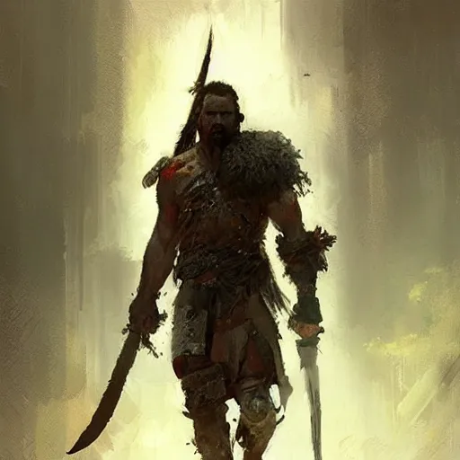 Image similar to Portrait painting of a barbarian warrior by greg rutkowski and Craig Mullins, Dark atmospheric and cinematic lighting