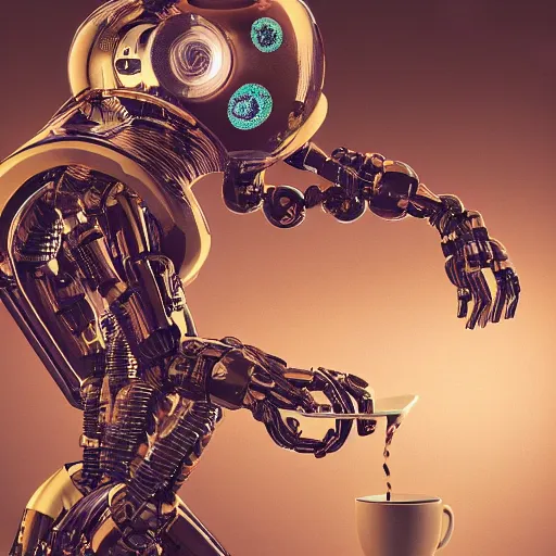 Image similar to hyperdetailed illustration of a friendly empatic highly robot serving a cup of coffee, by simon stalenhaag, by m. w. kaluta, high depth of field, fresh colors, coffee beans, coffee, steam, hyperdetailed, hyperrealistic, moody light, 3 d octane render, 4 k, volumetric lights, smooth, cosy atmosphere, artstation!