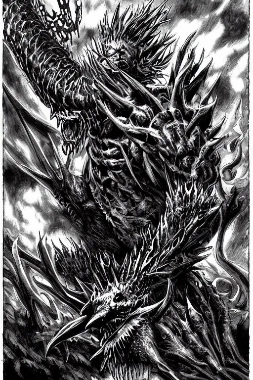 Image similar to raven fiend, fangs, highly detailed, digital art, sharp focus, trending on art station, kentaro miura manga art style