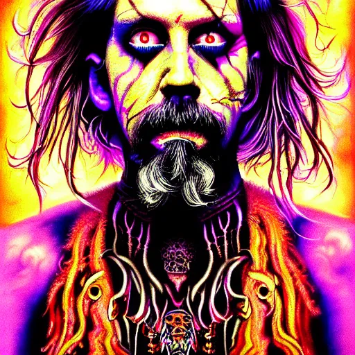 Image similar to An extremely psychedelic portrait of Rob Zombie, surreal, LSD, face, detailed, intricate, elegant, lithe, highly detailed, digital painting, artstation, concept art, smooth, sharp focus, illustration