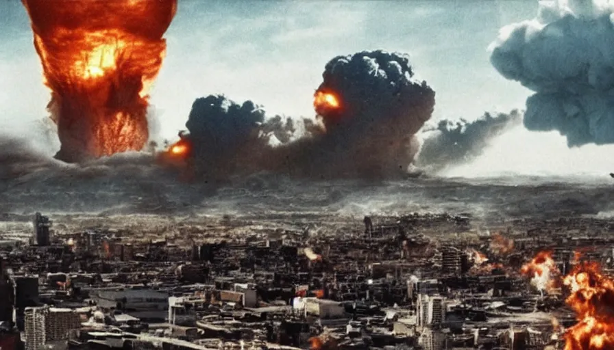 Image similar to big budget action movie about a nuclear explosion destroying a city