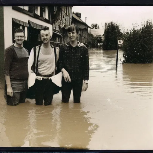 Prompt: an old polaroid of three friends standing in front of a flooded german town