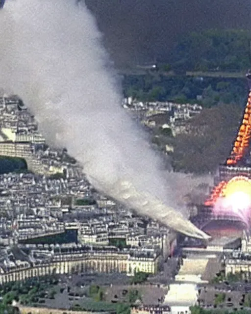 Image similar to tv report on two planes crash on the eiffel tower in paris. the planes are exploding on the eiffel tower with plenty of smokes