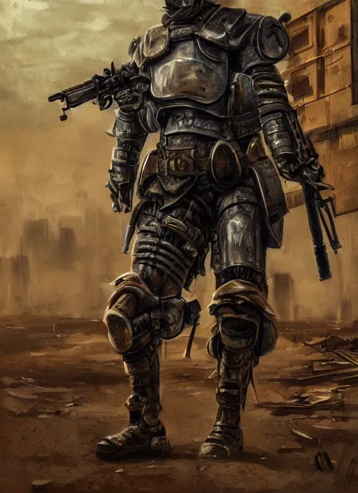 Image similar to a detailed painting of a man in post apocalyptic modern armour and a helmet walking around a wasteland holding a modified shotgun. hd. 1 9 5 0 s painting style. detailed background