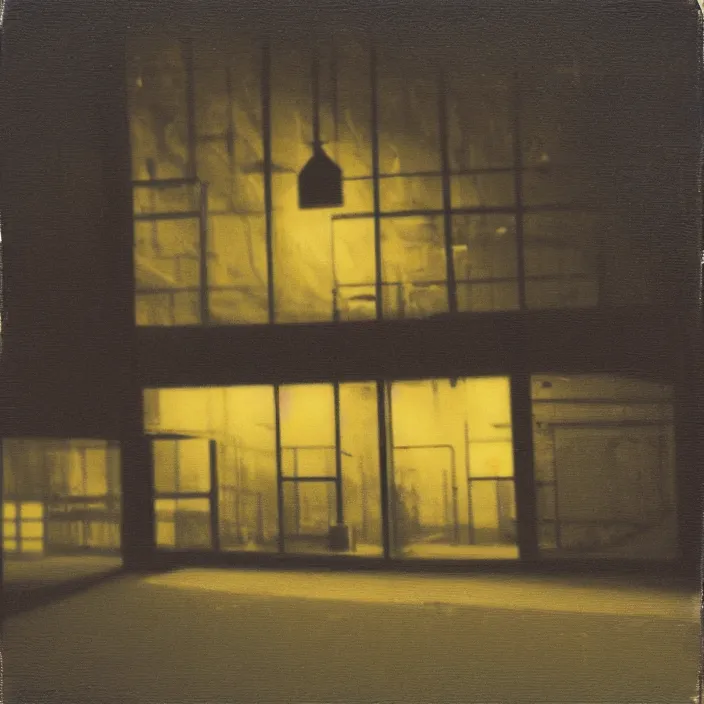 Image similar to liminal polaroid of a warehouse at night, art by dariusz zawadski, deep depth of field. highly detailed, hyper realism, hd, 4 k