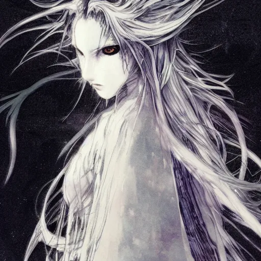 Prompt: Yoshitaka Amano blurred and dreamy illustration of an anime girl with wavy white hair fluttering in the wind and cracks on her face wearing elden ring armour with the cloak, abstract black and white patterns on the background, noisy film grain effect, highly detailed, Renaissance oil painting, weird portrait angle